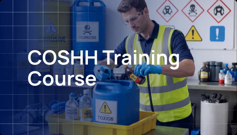 A person wearing safety gear pouring chemicals from a container during COSHH training, demonstrating safety procedures in handling hazardous substances.