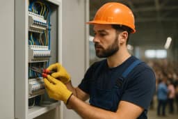 Electrician wearing an orange hard hat and yellow gloves adjusting wires inside an open electrical panel in an industrial setting