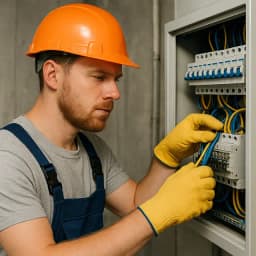 Skilled electrician wearing an orange hard hat and yellow gloves carefully organizing wires inside an electrical panel in an industrial environment