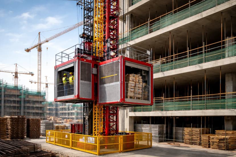 NPORS N111 Passenger and Goods Hoist training in progress on a construction site, demonstrating safe operation and loading.