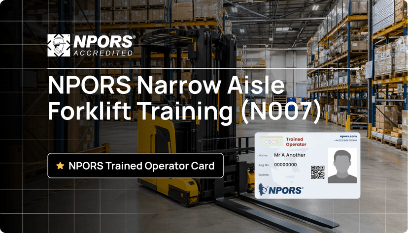 NPORS narrow aisle forklift training with operator using a narrow aisle forklift truck in a warehouse environment