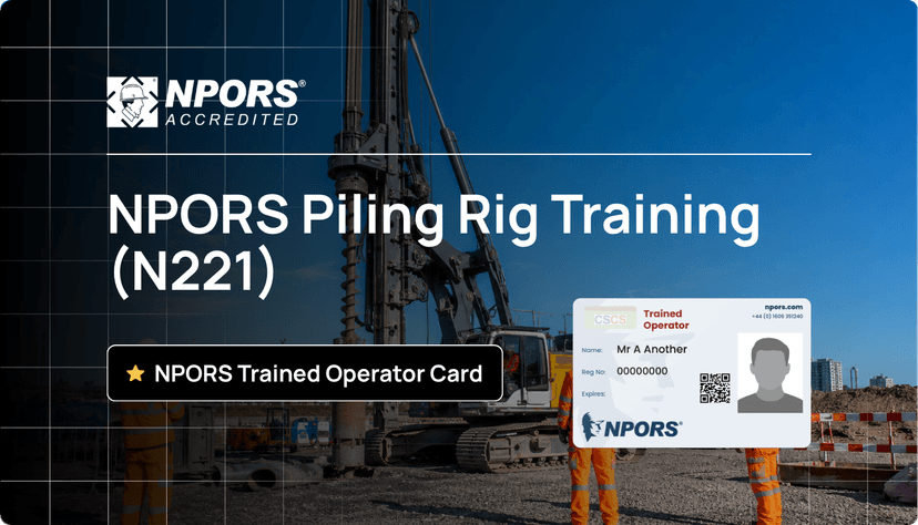 NPORS piling rig training course featuring a rotary piling rig and construction workers in safety equipment.