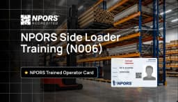 Side loader forklift operator training with long materials handling in industrial setting