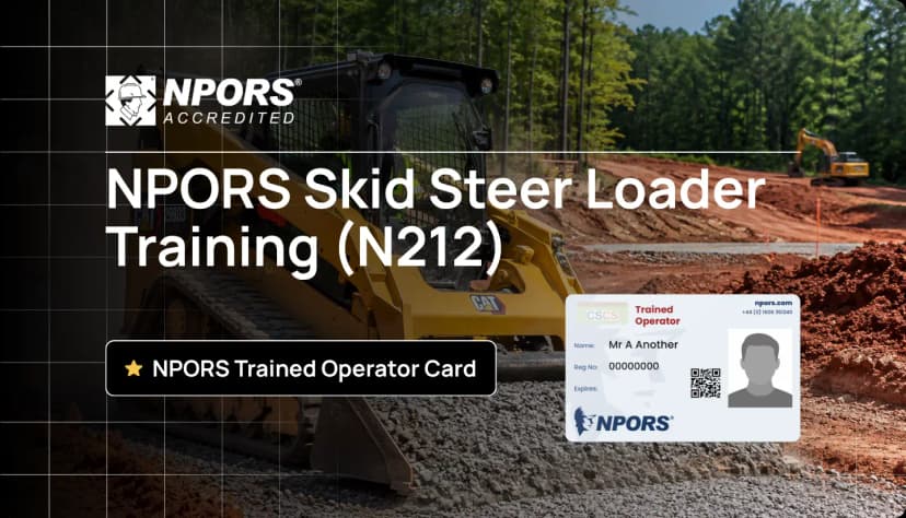 NPORS Skid Steer Loader Training (N212) banner showing tracked skid steer loader operating on a construction site with NPORS trained operator card