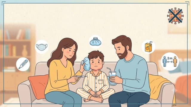 Illustration of parents comforting a child with mumps, showing thermometer, face mask, and care icons.