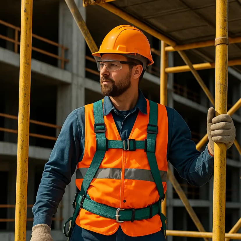 Construction worker on scaffold in full safety gear — hero image for Hurak’s accredited, HSE-compliant Working at Height training (online, classroom, or on-site).