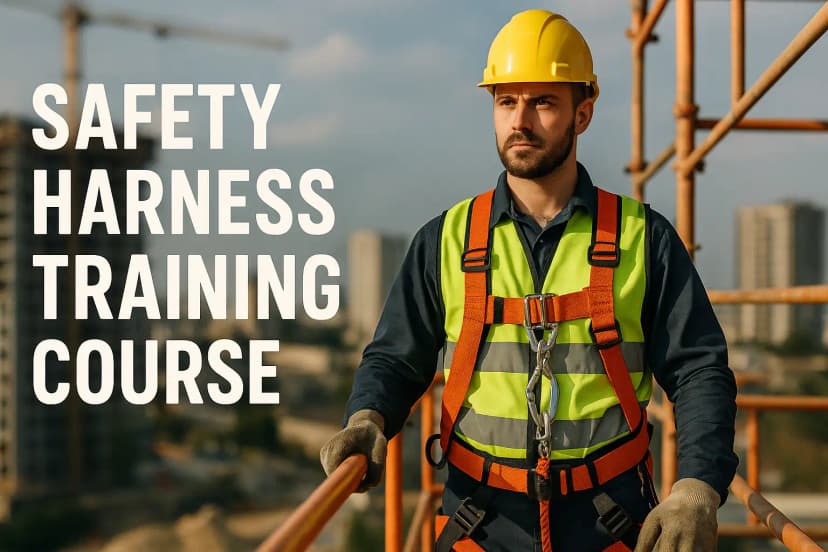 Construction worker wearing a safety harness on scaffolding during accredited harness training – available online and in classroom