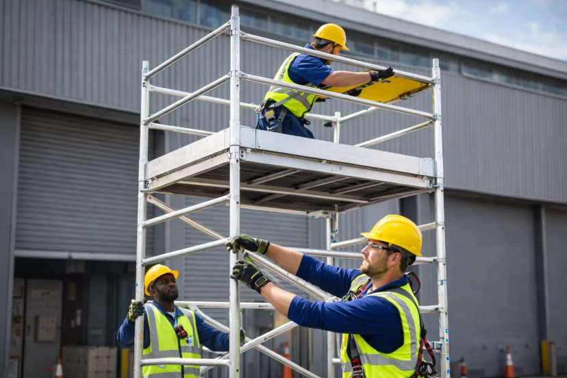 Construction workers assembling a mobile access tower during PASMA towers for users training.