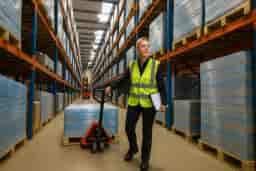 Warehouse worker using a pallet jack during manual handling training course