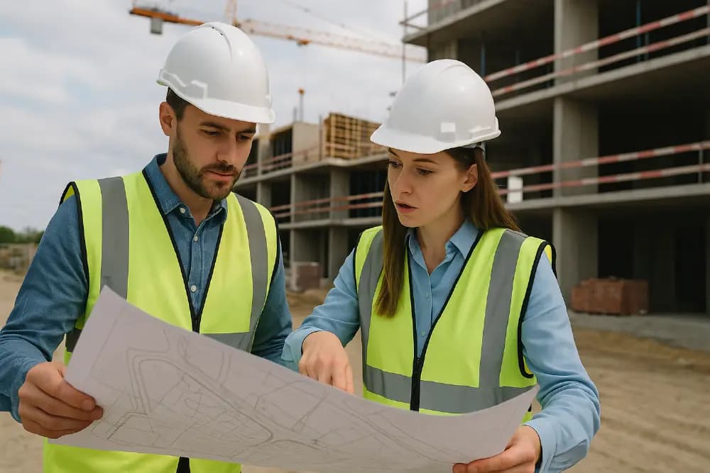 A group of construction workers attending a health and safety briefing on-site